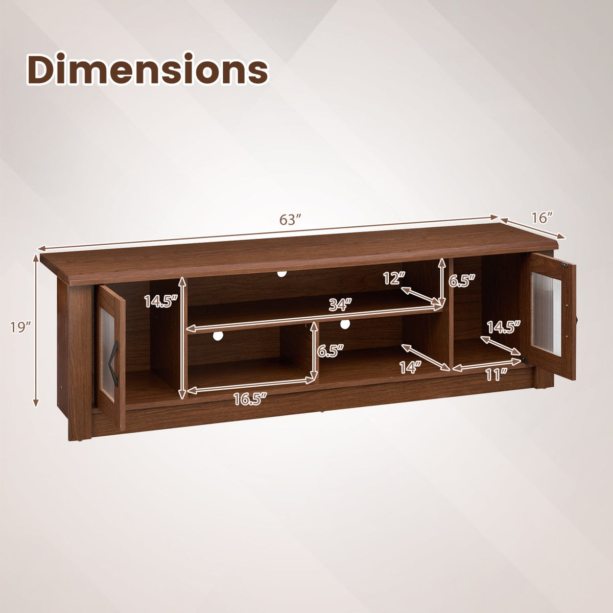 63” Wooden Farmhouse TV Stand for 70 inches TVs with 2 Fluted Doors and 3 Open Compartments-Brown