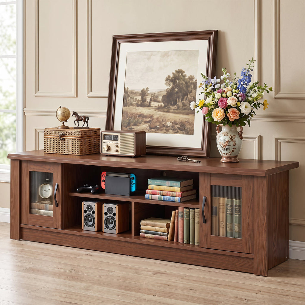 63” Wooden Farmhouse TV Stand for 70 inches TVs with 2 Fluted Doors and 3 Open Compartments-Brown