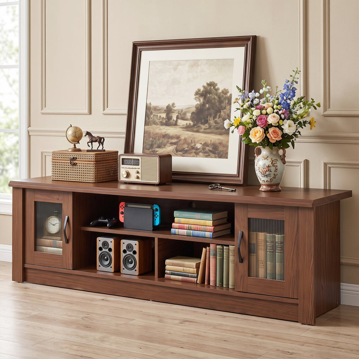 63” Wooden Farmhouse TV Stand for 70 inches TVs with 2 Fluted Doors and 3 Open Compartments-Brown