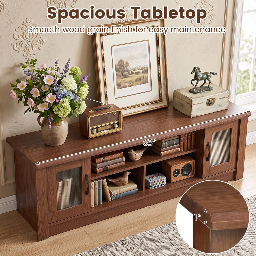 63” Wooden Farmhouse TV Stand for 70 inches TVs with 2 Fluted Doors and 3 Open Compartments-Brown