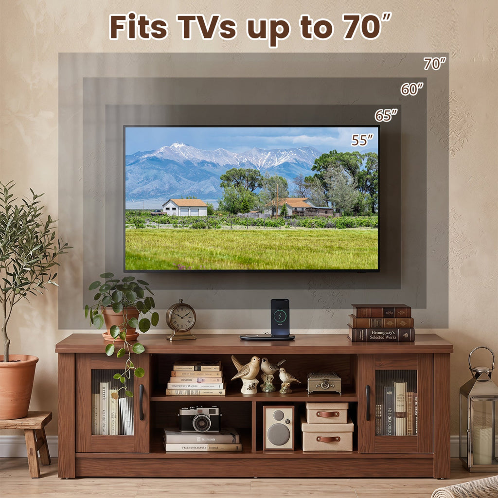 63” Wooden Farmhouse TV Stand for 70 inches TVs with 2 Fluted Doors and 3 Open Compartments-Brown