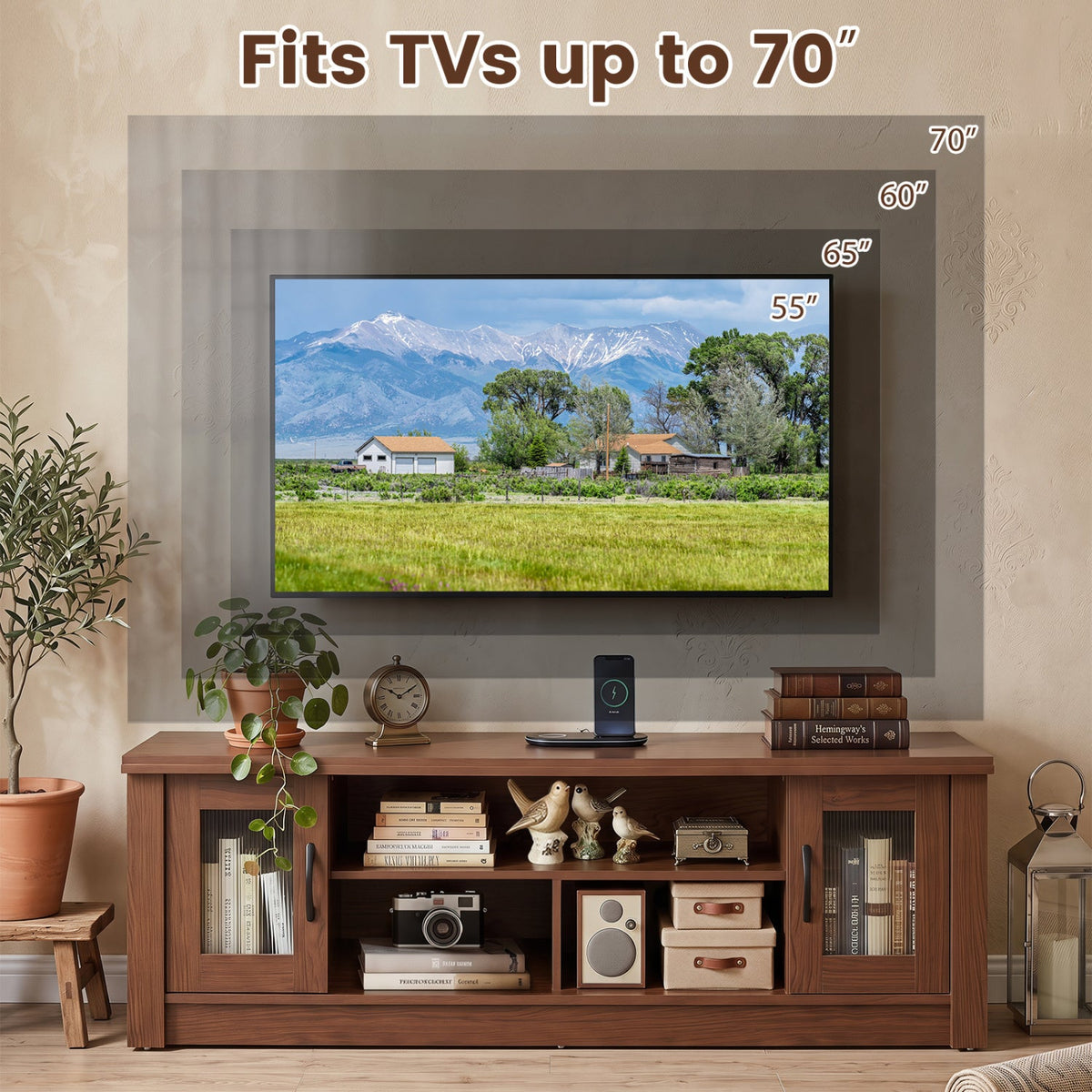 63” Wooden Farmhouse TV Stand for 70 inches TVs with 2 Fluted Doors and 3 Open Compartments-Brown