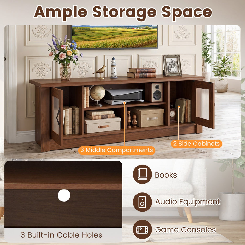 63” Wooden Farmhouse TV Stand for 70 inches TVs with 2 Fluted Doors and 3 Open Compartments-Brown