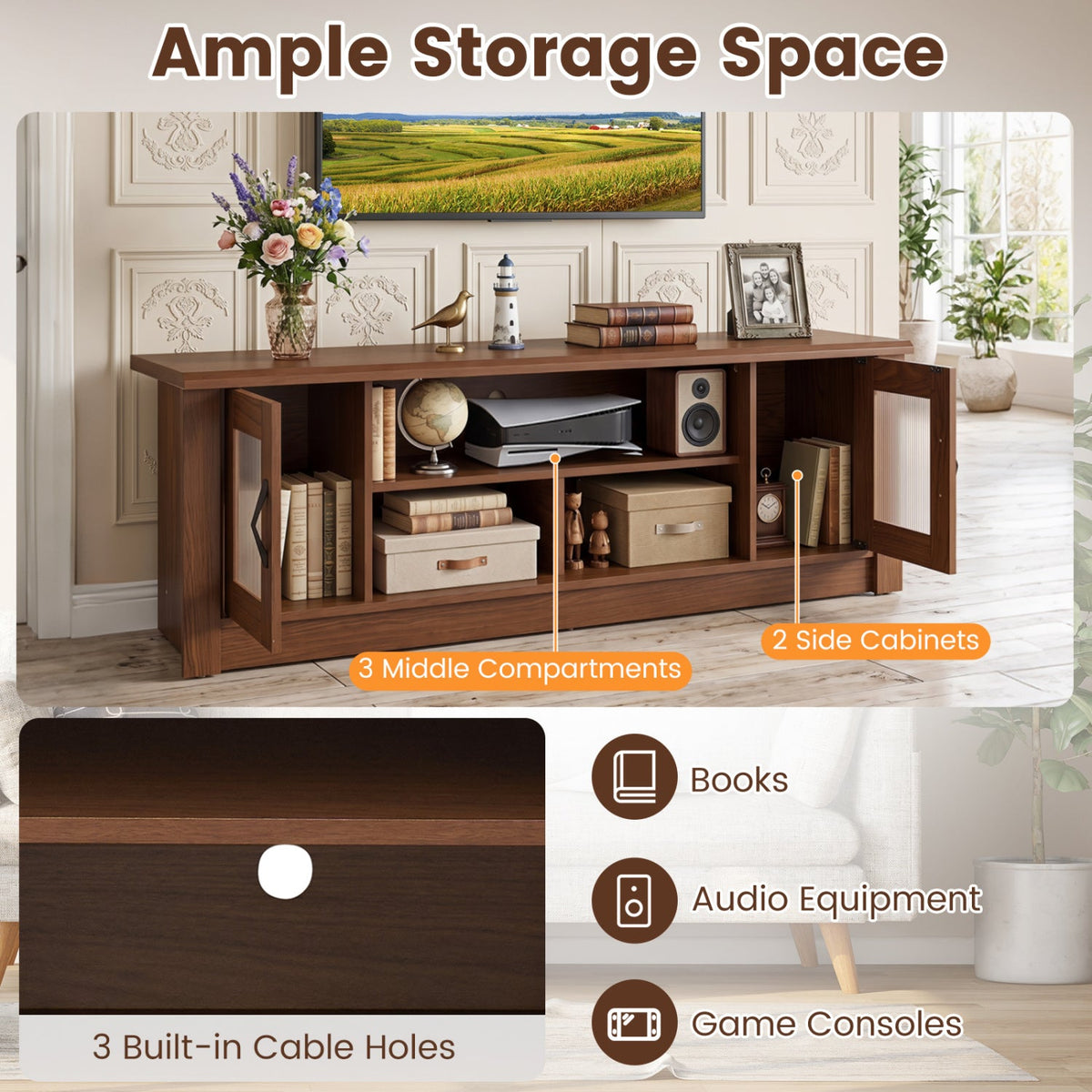 63” Wooden Farmhouse TV Stand for 70 inches TVs with 2 Fluted Doors and 3 Open Compartments-Brown