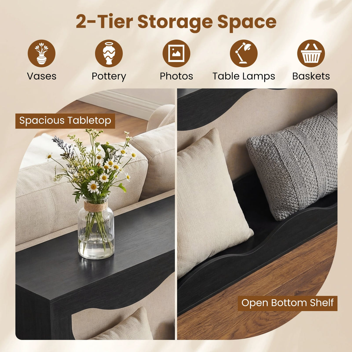 63 Inch Console Table 2-Tier Narrow Entryway Table with Wavy Edge Storage Shelf-Black