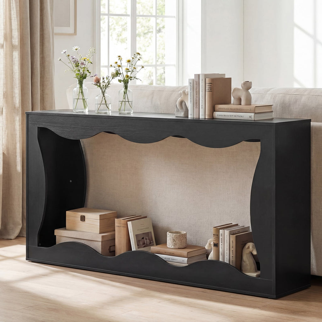 63 Inch Console Table 2-Tier Narrow Entryway Table with Wavy Edge Storage Shelf-Black