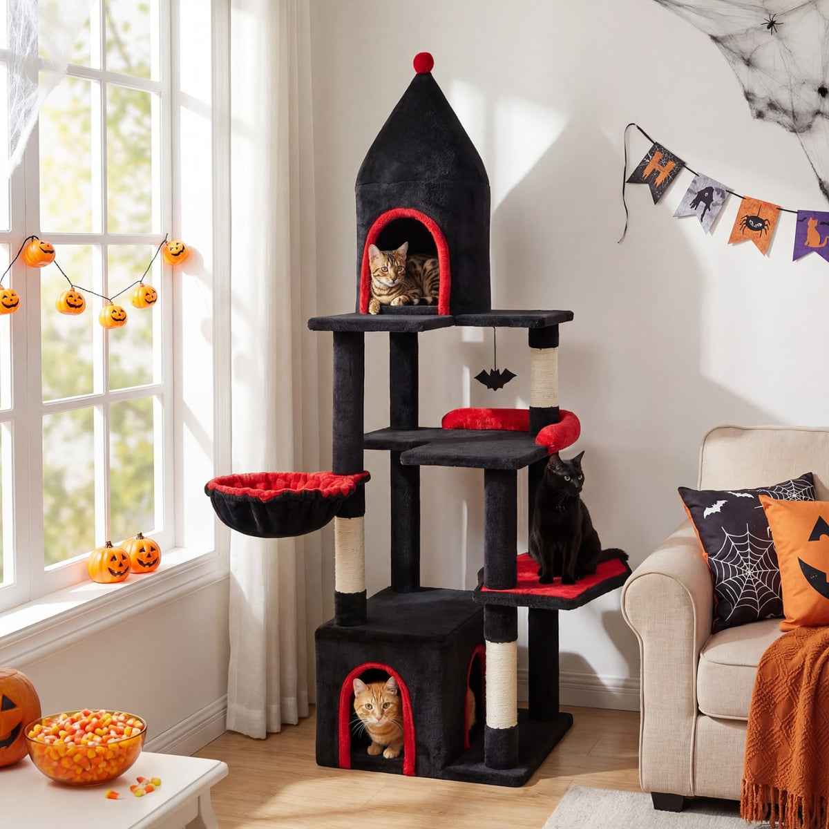 63 Inch Gothic Cat Tree with a Turret Top Cave, Two Door Condo and Basket