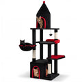 63 Inch Gothic Cat Tree with a Turret Top Cave, Two Door Condo and Basket