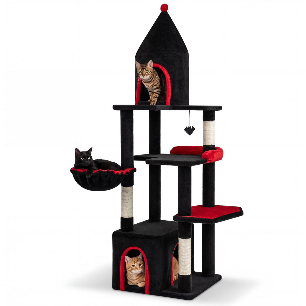 63 Inch Gothic Cat Tree with a Turret Top Cave, Two Door Condo and Basket