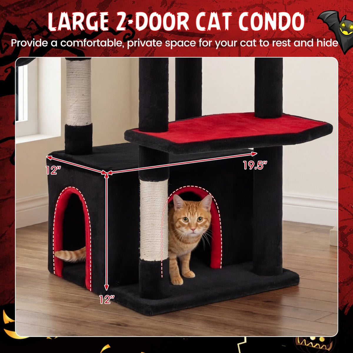 63 Inch Gothic Cat Tree with a Turret Top Cave, Two Door Condo and Basket