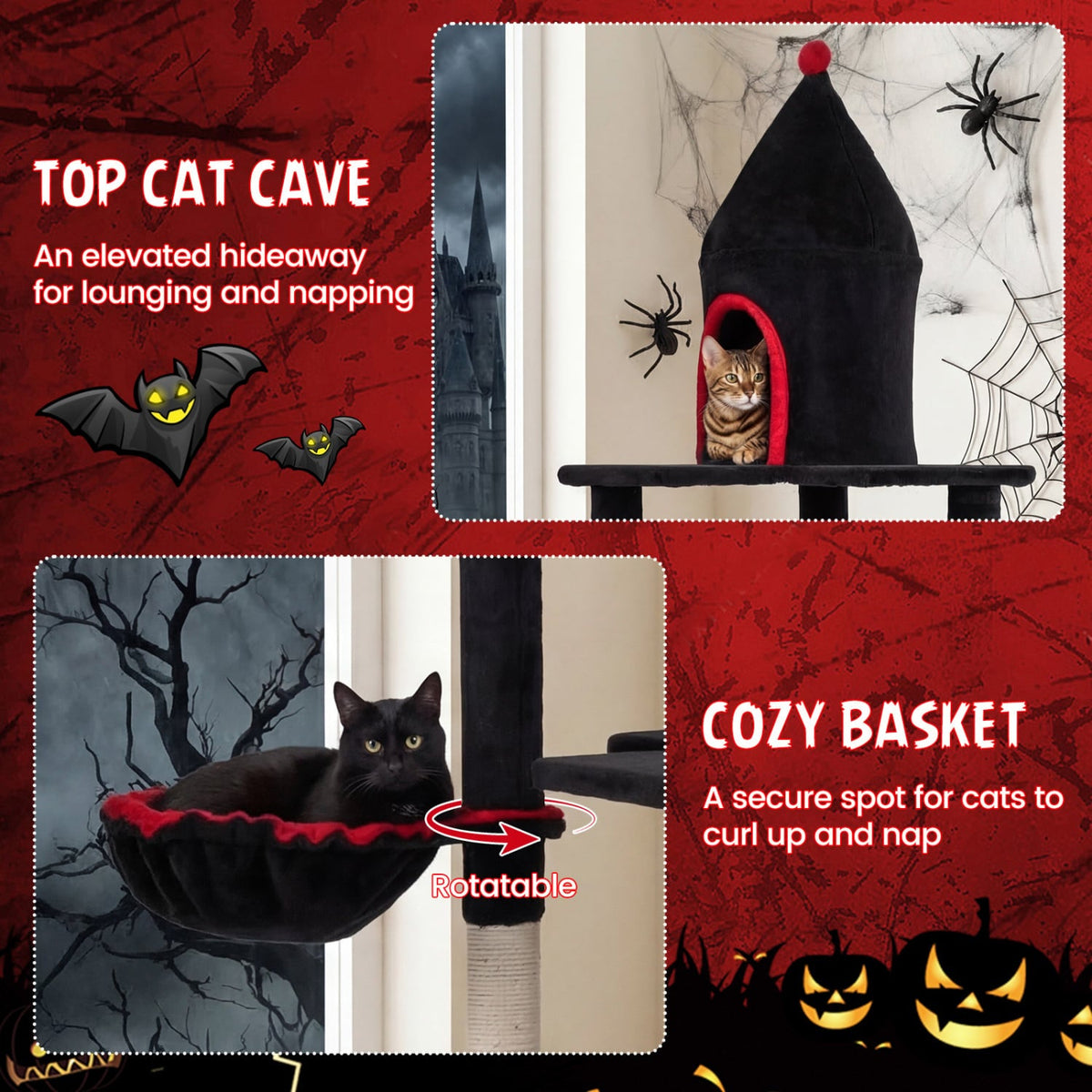 63 Inch Gothic Cat Tree with a Turret Top Cave, Two Door Condo and Basket