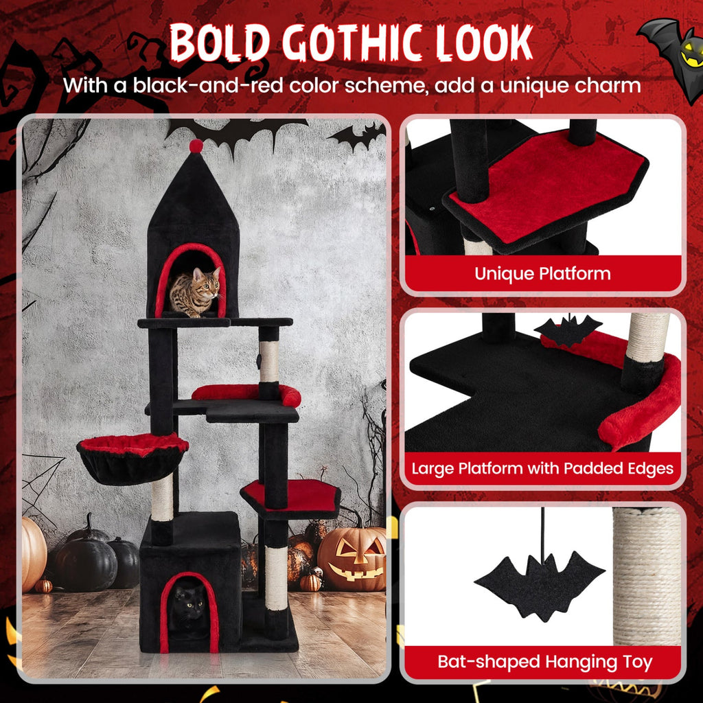 63 Inch Gothic Cat Tree with a Turret Top Cave, Two Door Condo and Basket