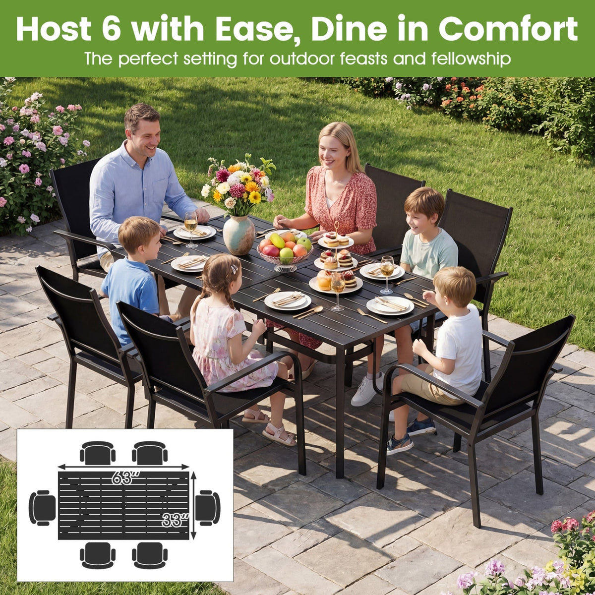 63 inches x 33 inches Rectangle Metal Patio Dining Table for 6-Black