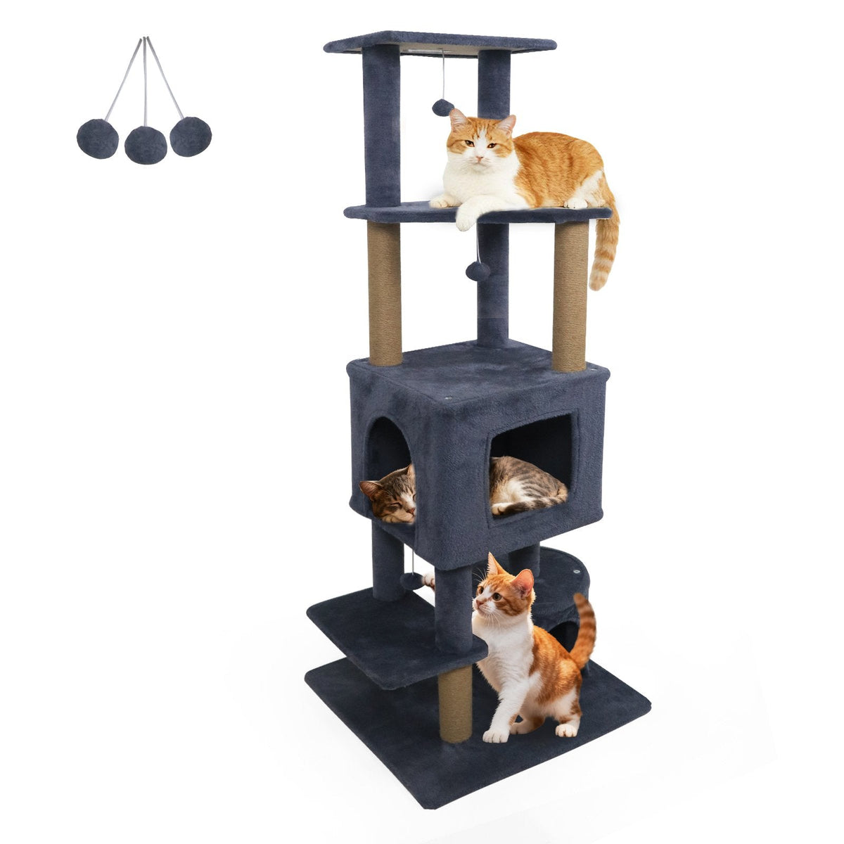64 Inch Dark Grey Cat Tree with Two Condos, Jute Posts and a Wall Anchor