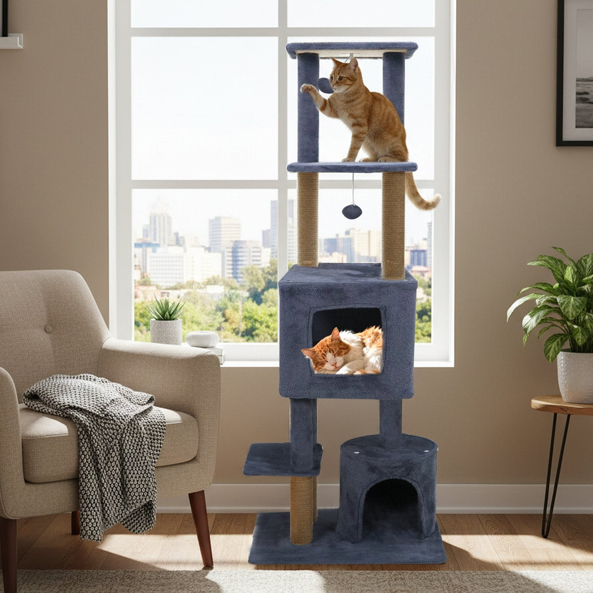 64 Inch Dark Grey Cat Tree with Two Condos, Jute Posts and a Wall Anchor