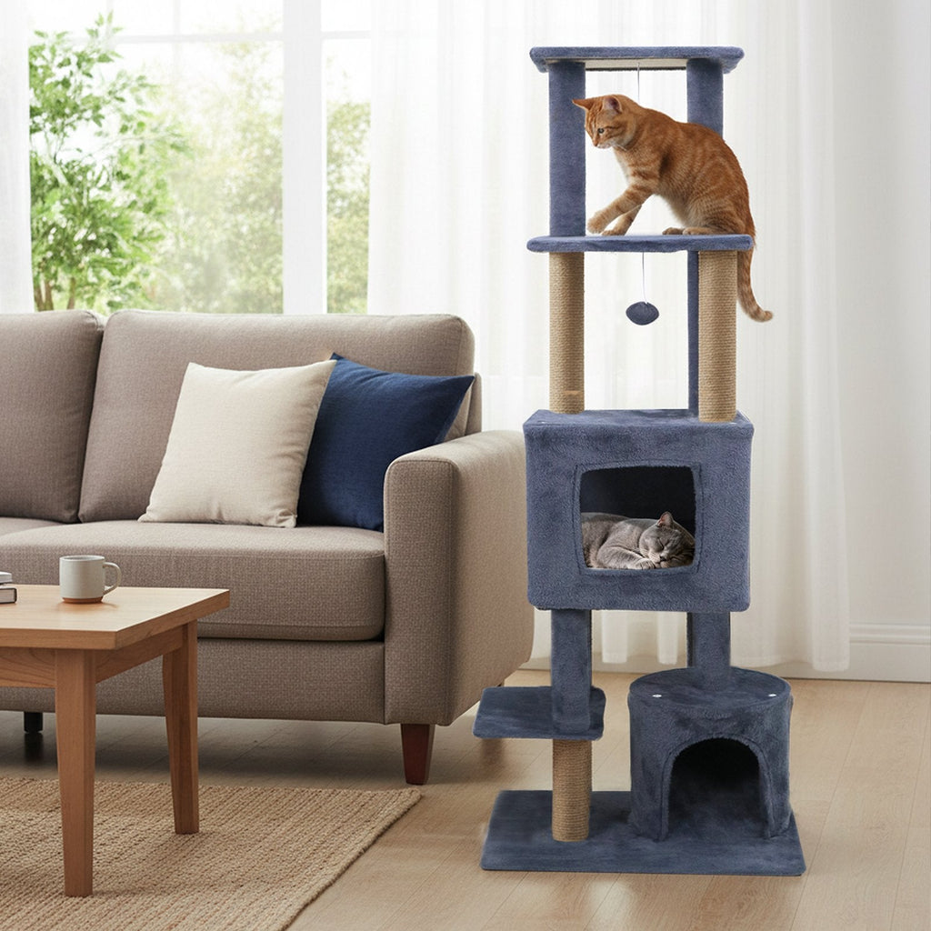 64 Inch Dark Grey Cat Tree with Two Condos, Jute Posts and a Wall Anchor