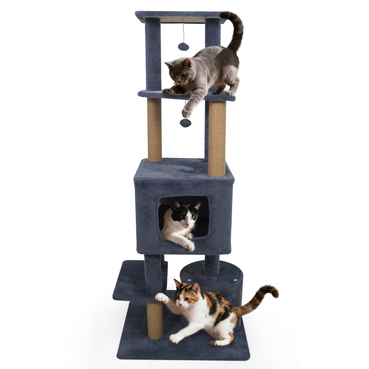 64 Inch Dark Grey Cat Tree with Two Condos, Jute Posts and a Wall Anchor