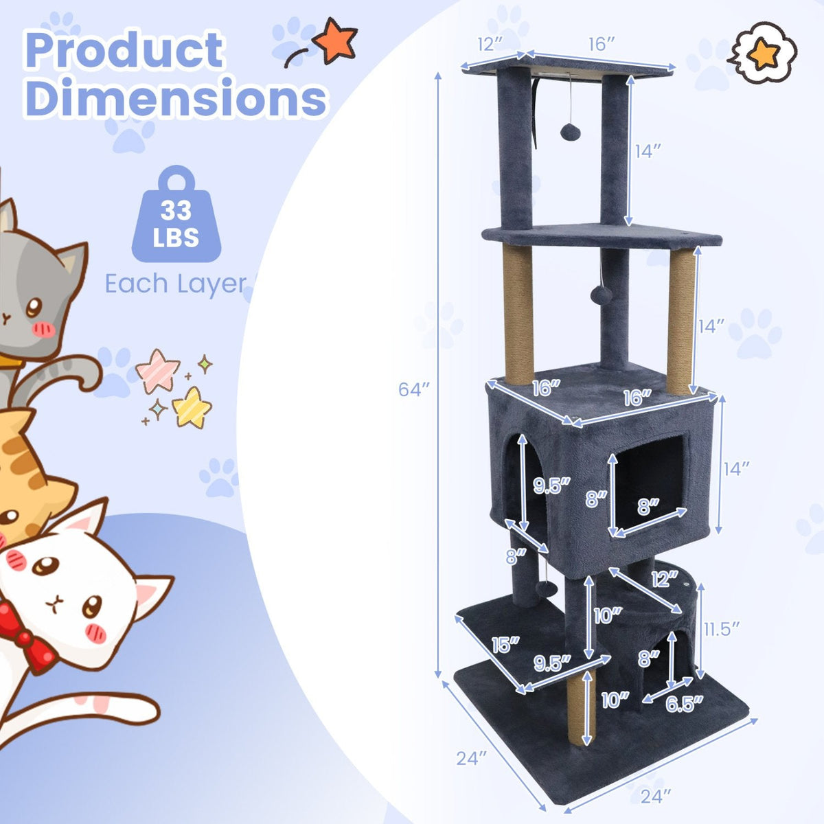 64 Inch Dark Grey Cat Tree with Two Condos, Jute Posts and a Wall Anchor