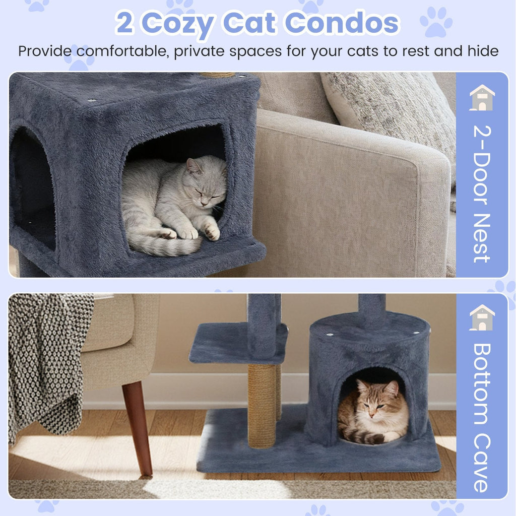 64 Inch Dark Grey Cat Tree with Two Condos, Jute Posts and a Wall Anchor