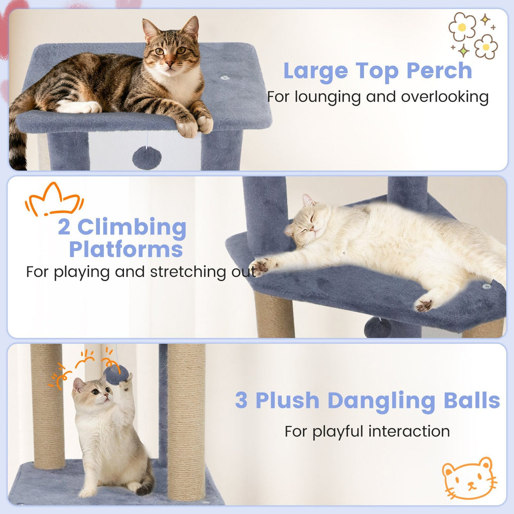 64 Inch Dark Grey Cat Tree with Two Condos, Jute Posts and a Wall Anchor