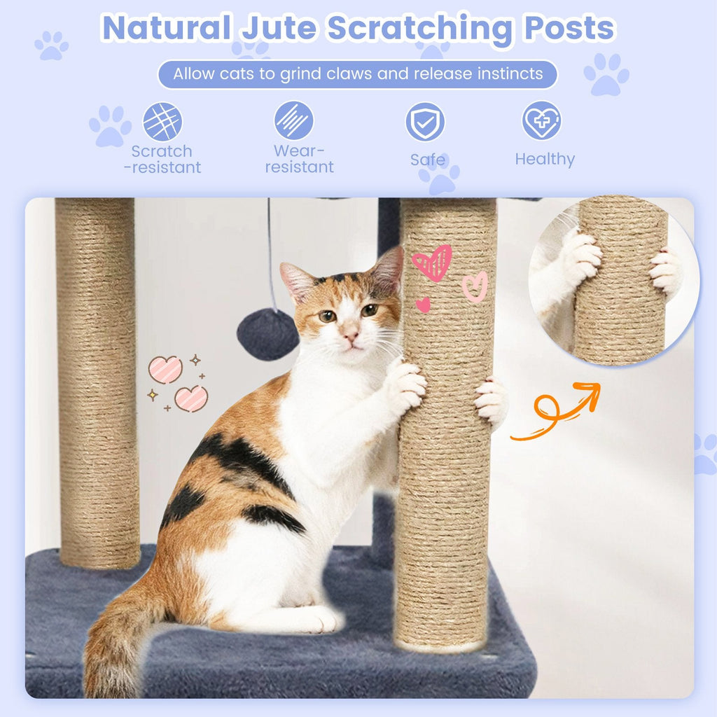 64 Inch Dark Grey Cat Tree with Two Condos, Jute Posts and a Wall Anchor