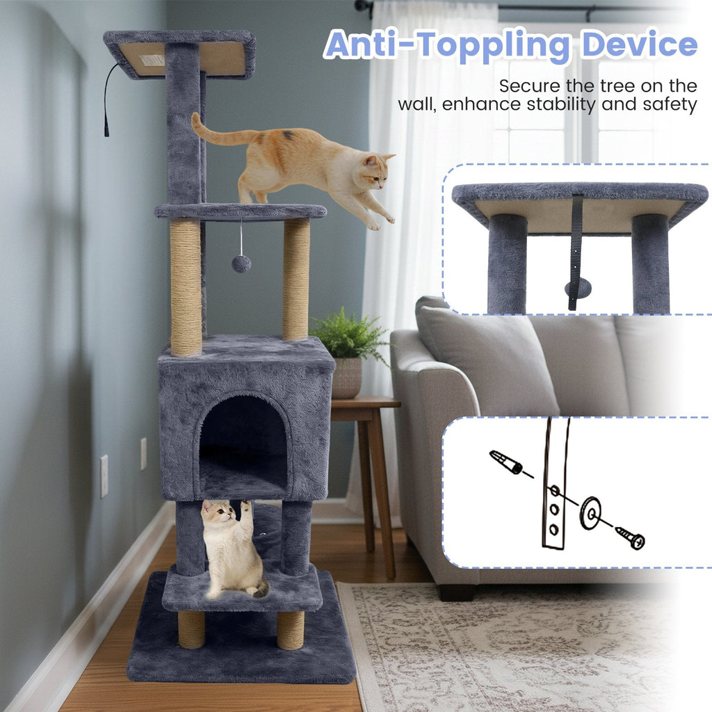 64 Inch Dark Grey Cat Tree with Two Condos, Jute Posts and a Wall Anchor