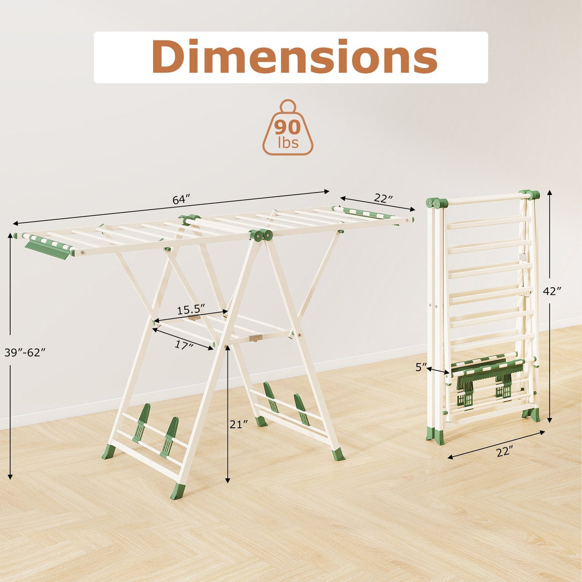 64 Inches Clothes Drying Rack with Height Adjustable Wings-Beige