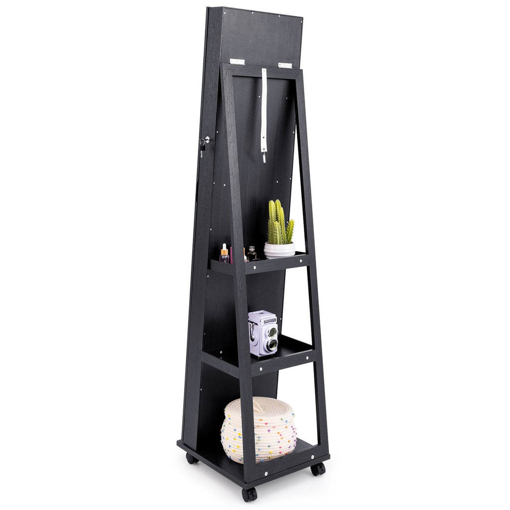 64 Inches Lockable Jewelry Cabinet Armoire with Built-in Makeup Mirror-Black
