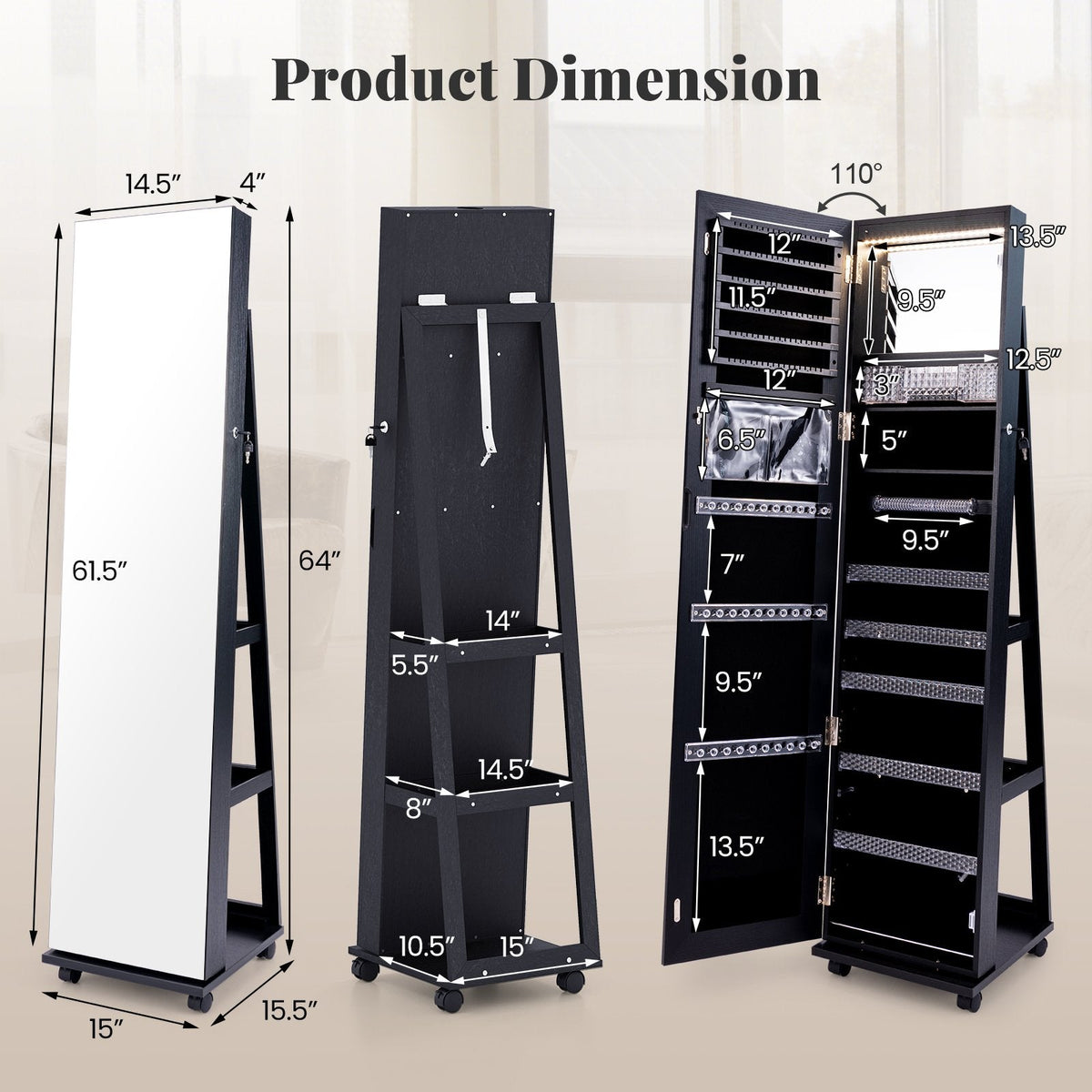 64 Inches Lockable Jewelry Cabinet Armoire with Built-in Makeup Mirror-Black