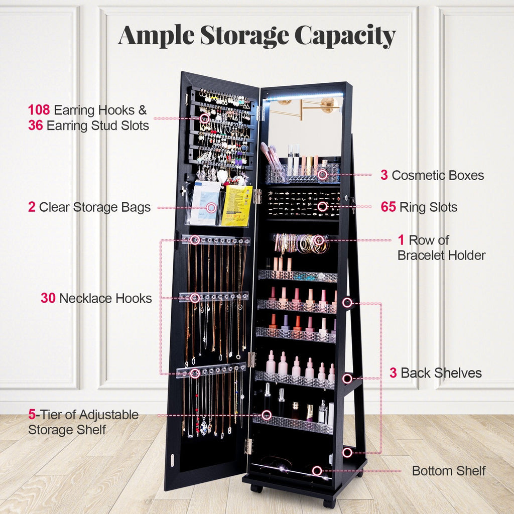 64 Inches Lockable Jewelry Cabinet Armoire with Built-in Makeup Mirror-Black