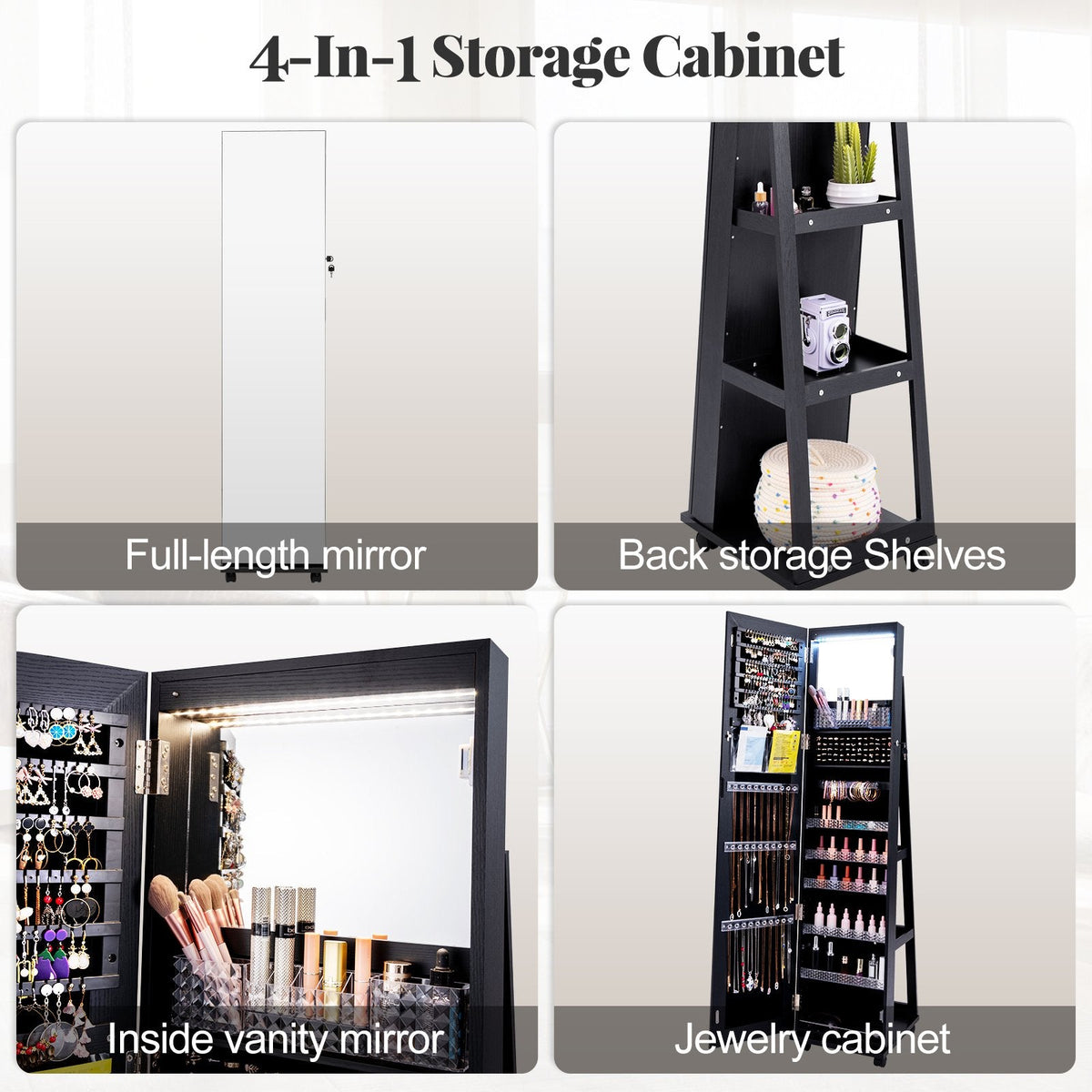 64 Inches Lockable Jewelry Cabinet Armoire with Built-in Makeup Mirror-Black