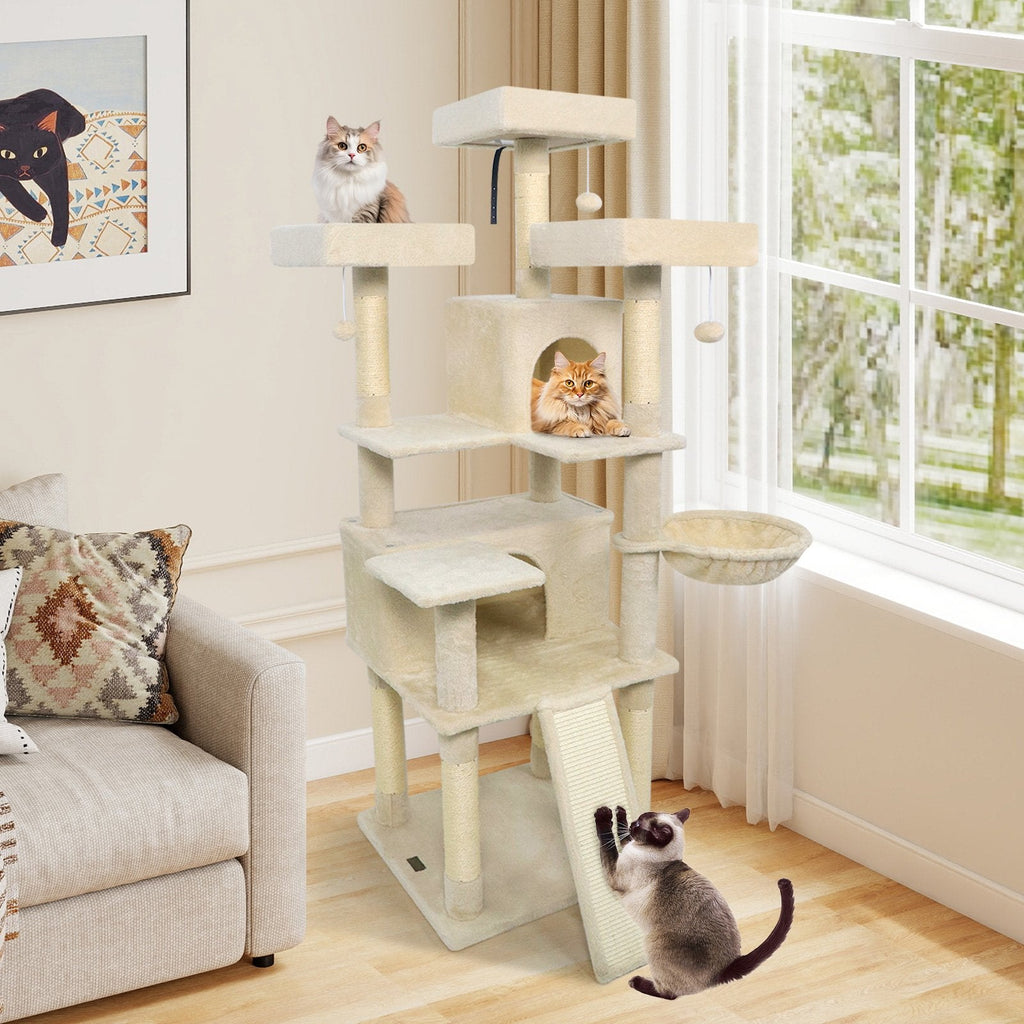 65 Inch Cat Tree with Three Upholstered Perches, Two Condos and a Ladder