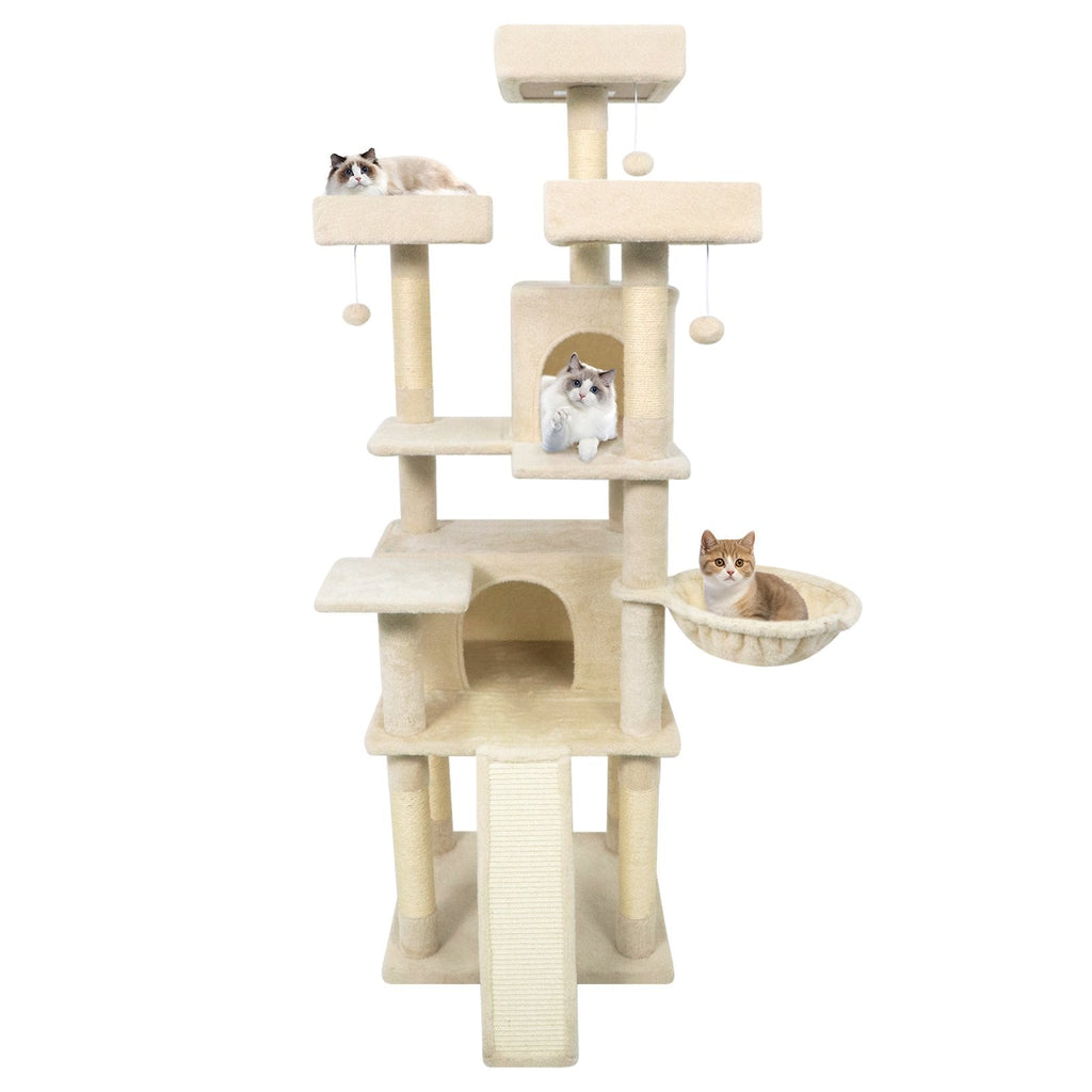 65 Inch Cat Tree with Three Upholstered Perches, Two Condos and a Ladder