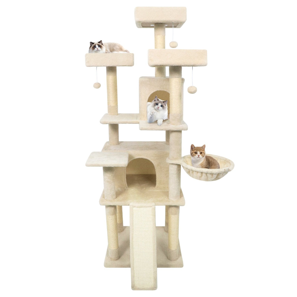65 Inch Cat Tree with Three Upholstered Perches, Two Condos and a Ladder
