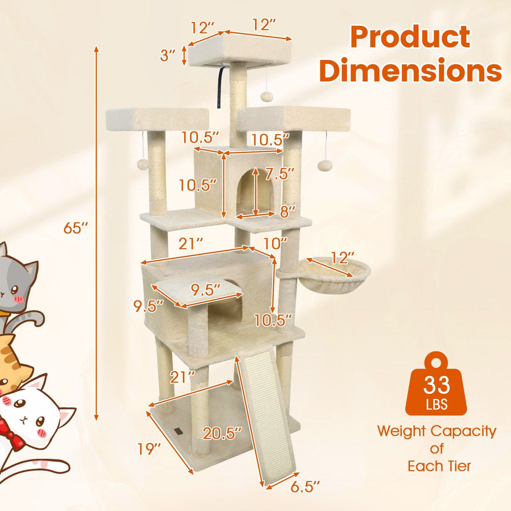 65 Inch Cat Tree with Three Upholstered Perches, Two Condos and a Ladder