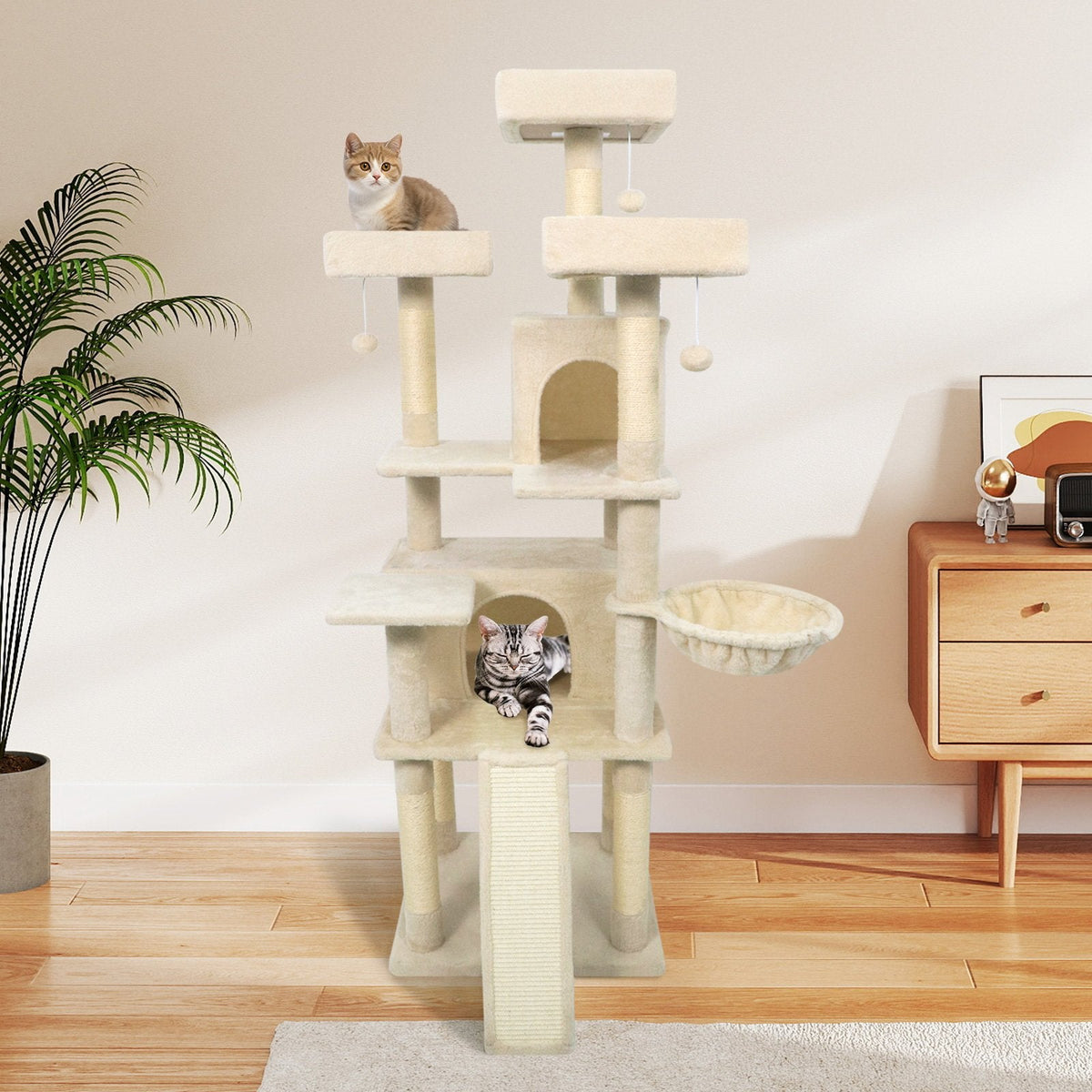 65 Inch Cat Tree with Three Upholstered Perches, Two Condos and a Ladder