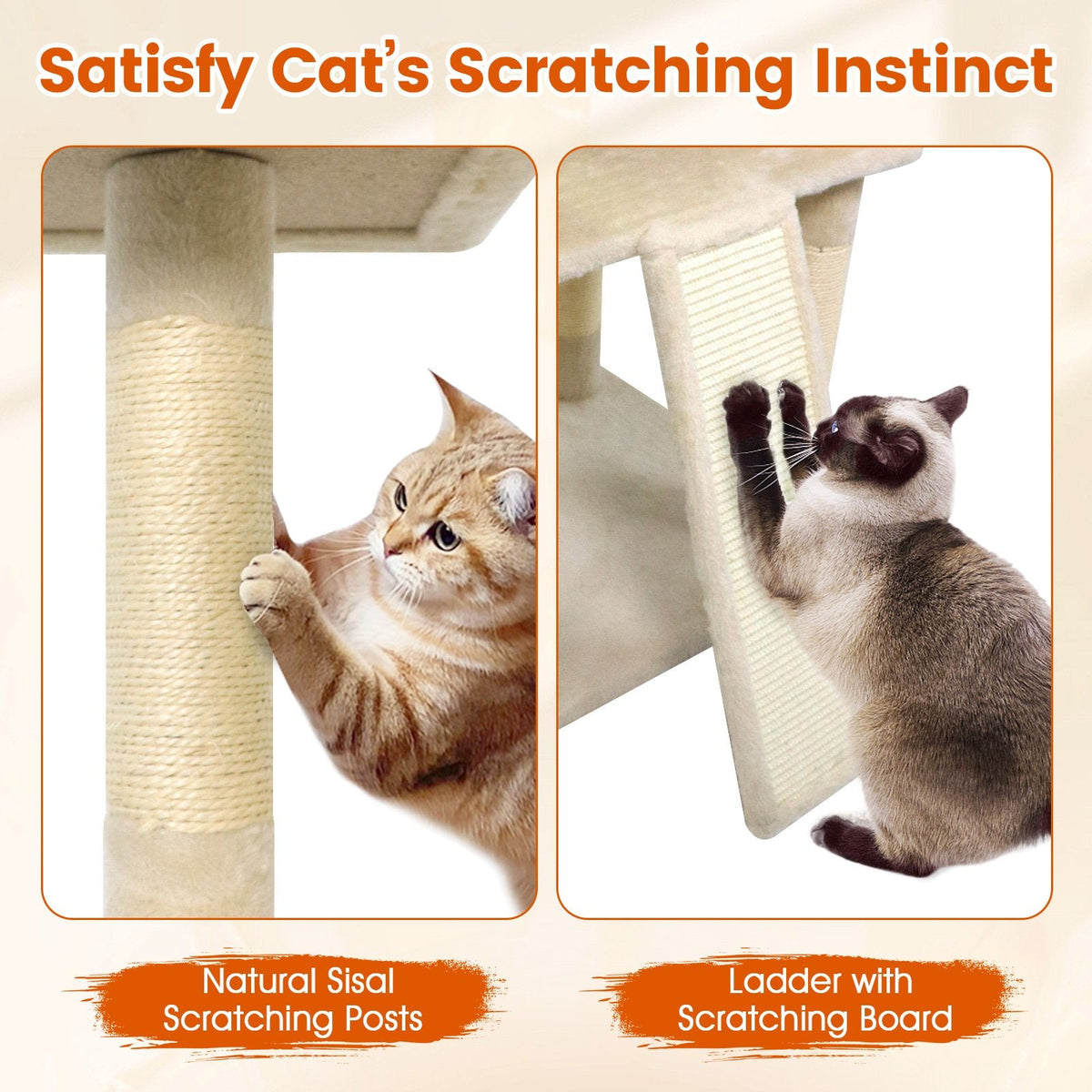 65 Inch Cat Tree with Three Upholstered Perches, Two Condos and a Ladder
