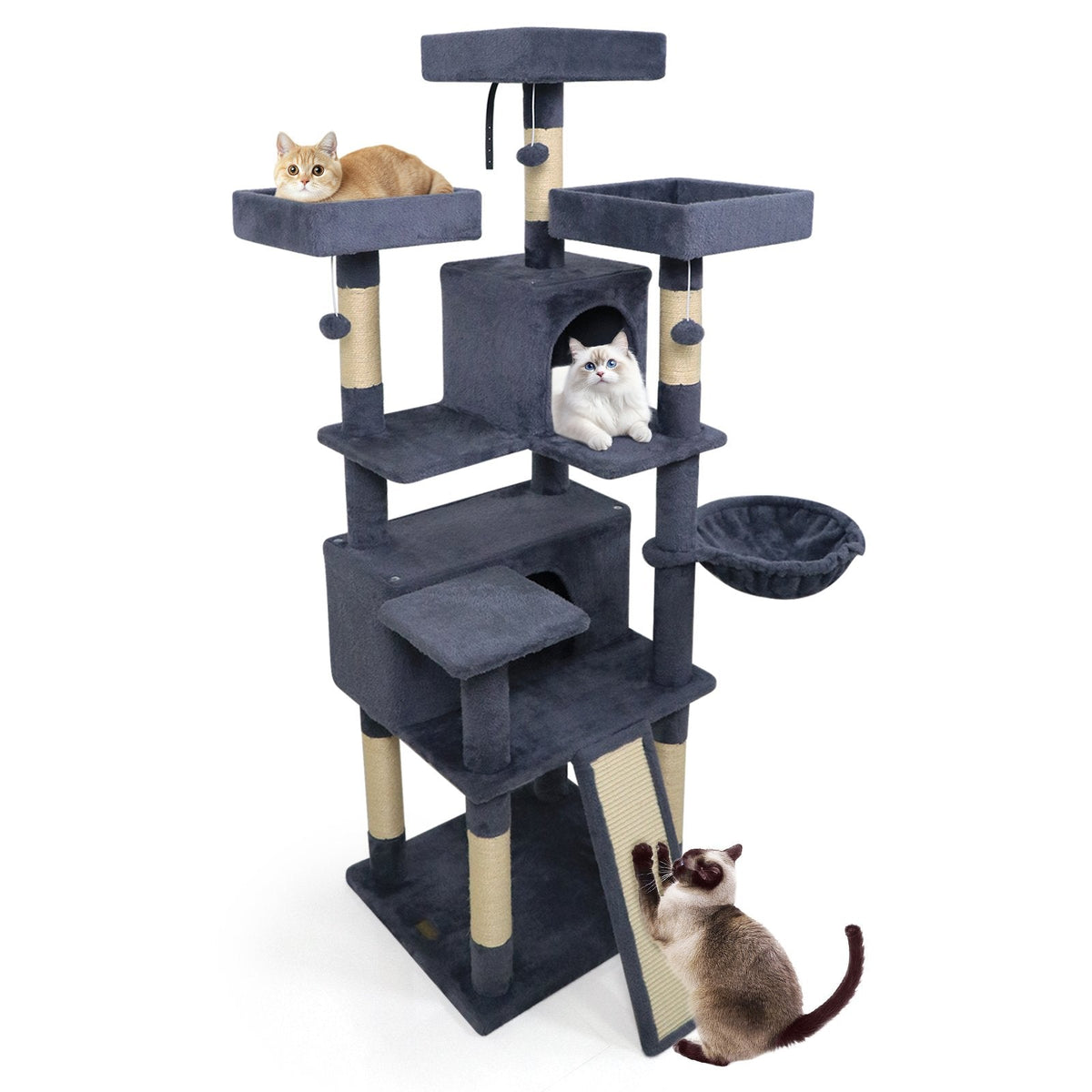 65 Inch Dark Grey Cat Tree with Three Perches, Two Condos and a Scratch Ladder