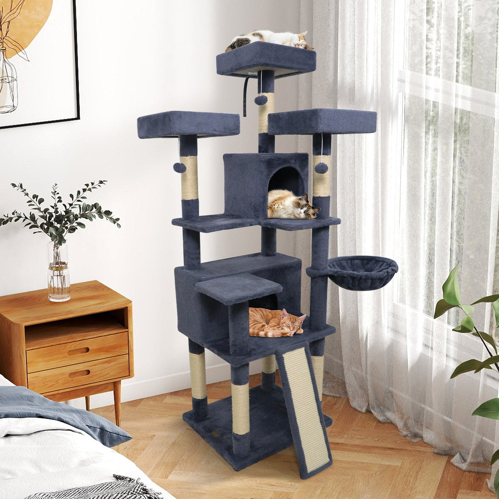 65 Inch Dark Grey Cat Tree with Three Perches, Two Condos and a Scratch Ladder
