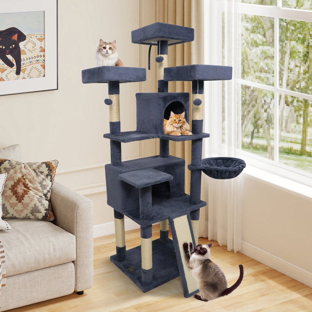 65 Inch Dark Grey Cat Tree with Three Perches, Two Condos and a Scratch Ladder