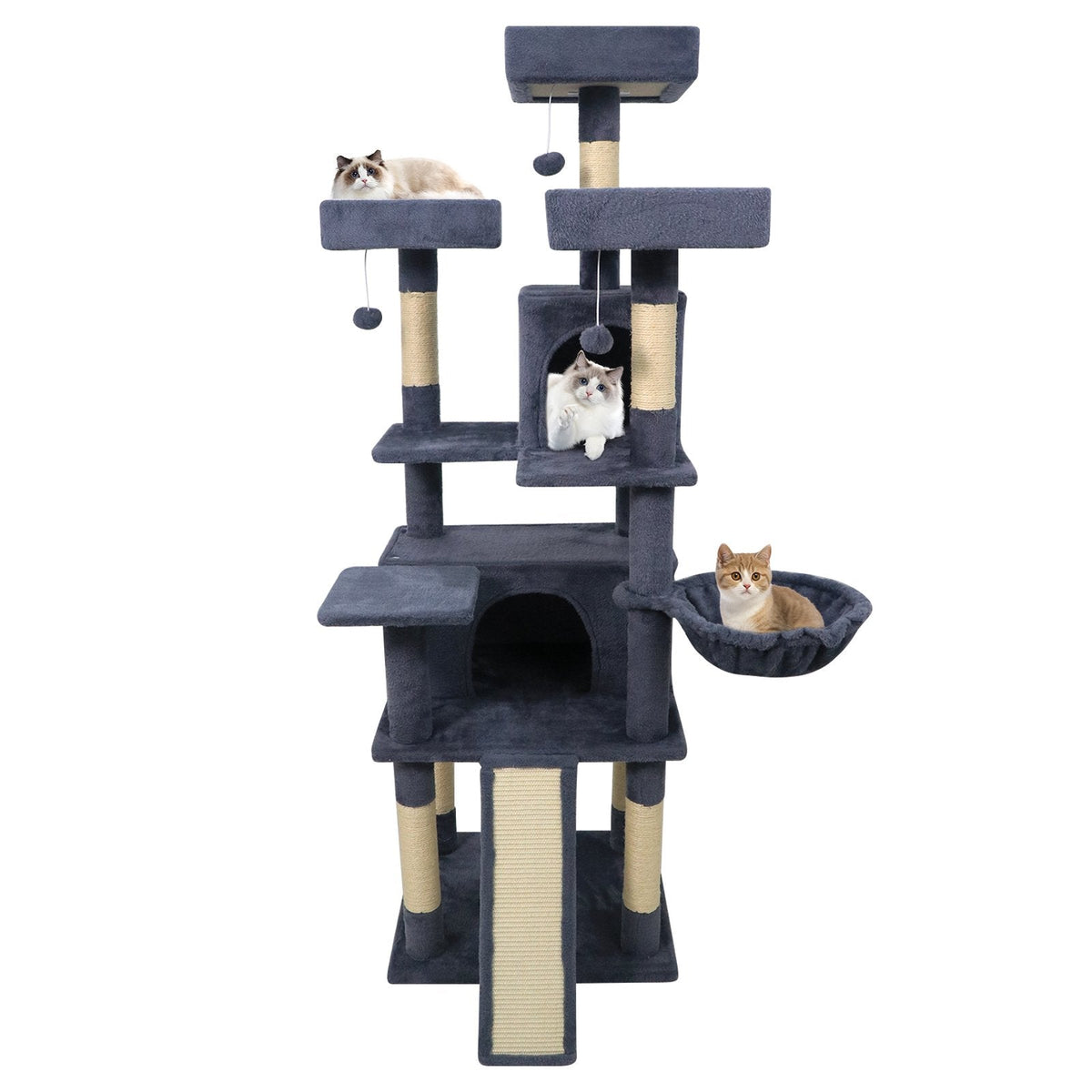 65 Inch Dark Grey Cat Tree with Three Perches, Two Condos and a Scratch Ladder