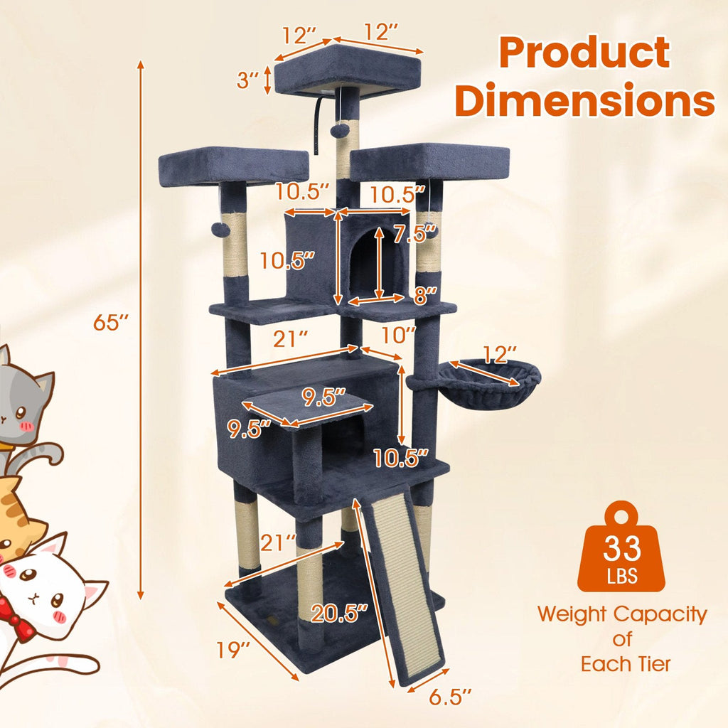 65 Inch Dark Grey Cat Tree with Three Perches, Two Condos and a Scratch Ladder