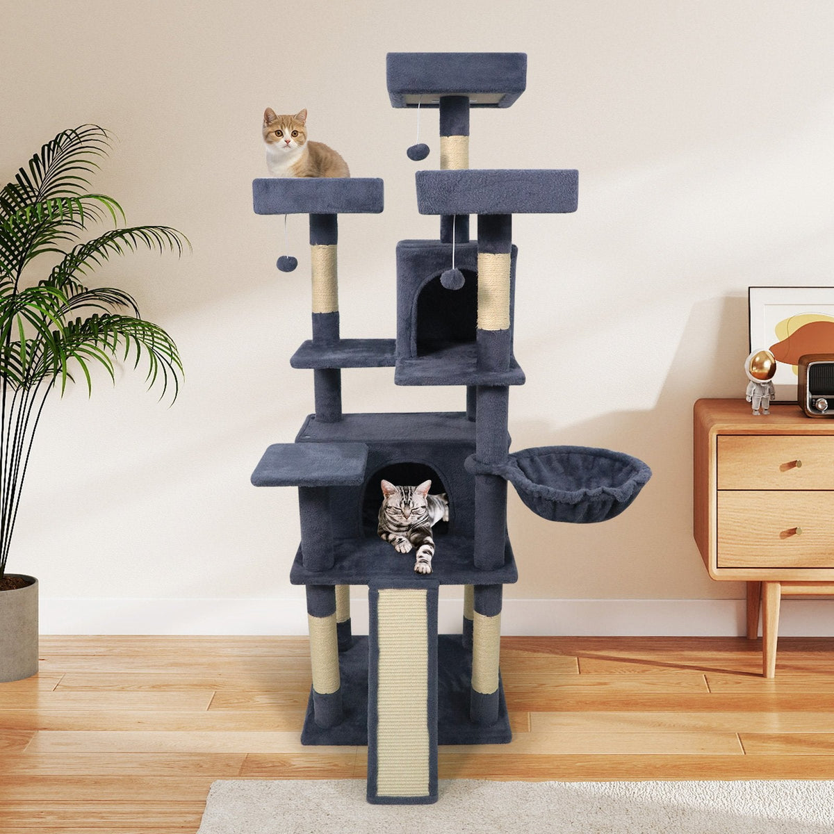 65 Inch Dark Grey Cat Tree with Three Perches, Two Condos and a Scratch Ladder
