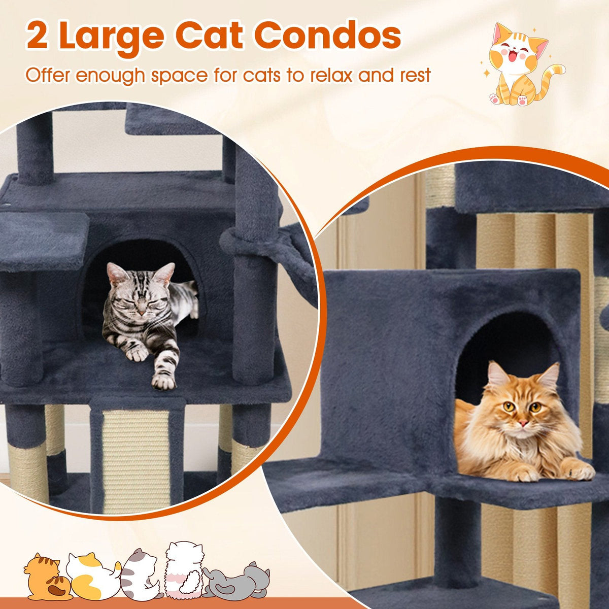 65 Inch Dark Grey Cat Tree with Three Perches, Two Condos and a Scratch Ladder