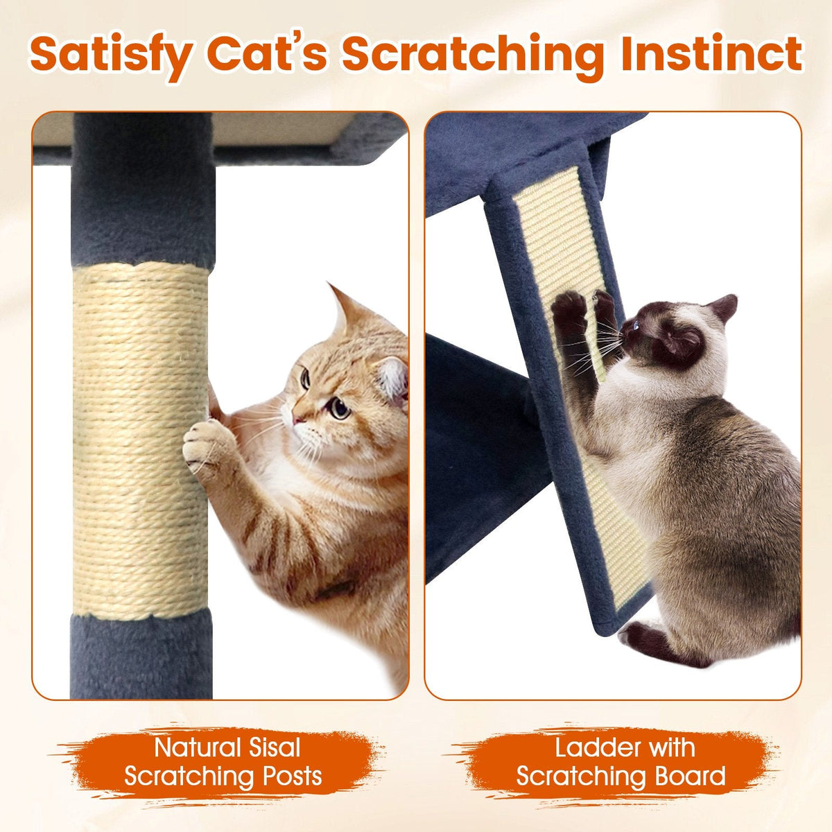 65 Inch Dark Grey Cat Tree with Three Perches, Two Condos and a Scratch Ladder