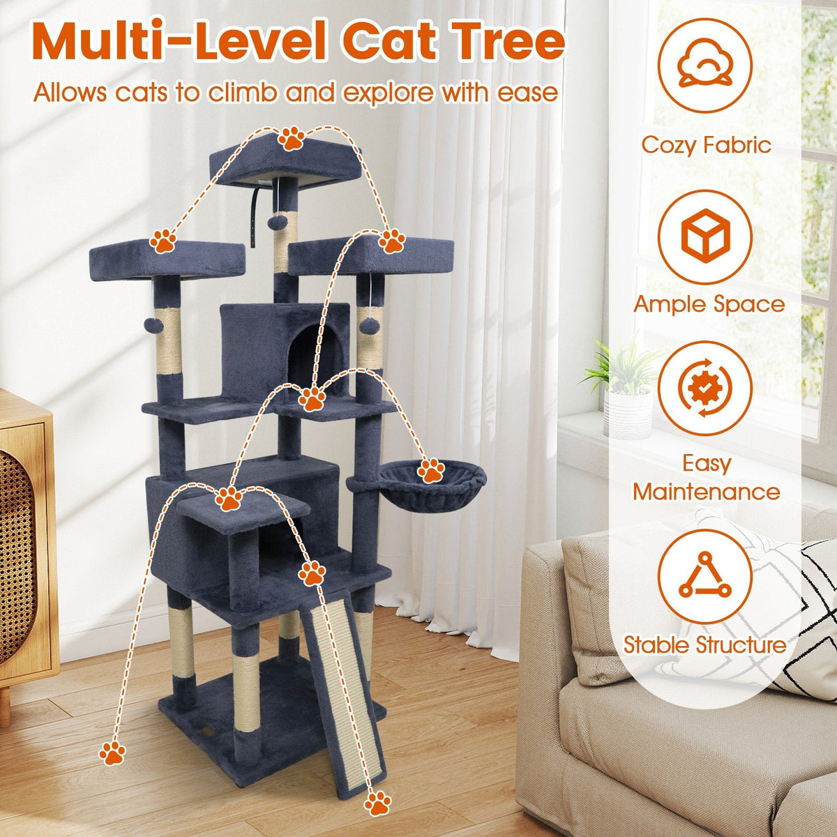 65 Inch Dark Grey Cat Tree with Three Perches, Two Condos and a Scratch Ladder