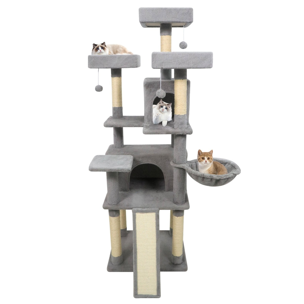 65 Inch Light Grey Cat Tree with Three Perches, Two Condos and a Sisal Ramp