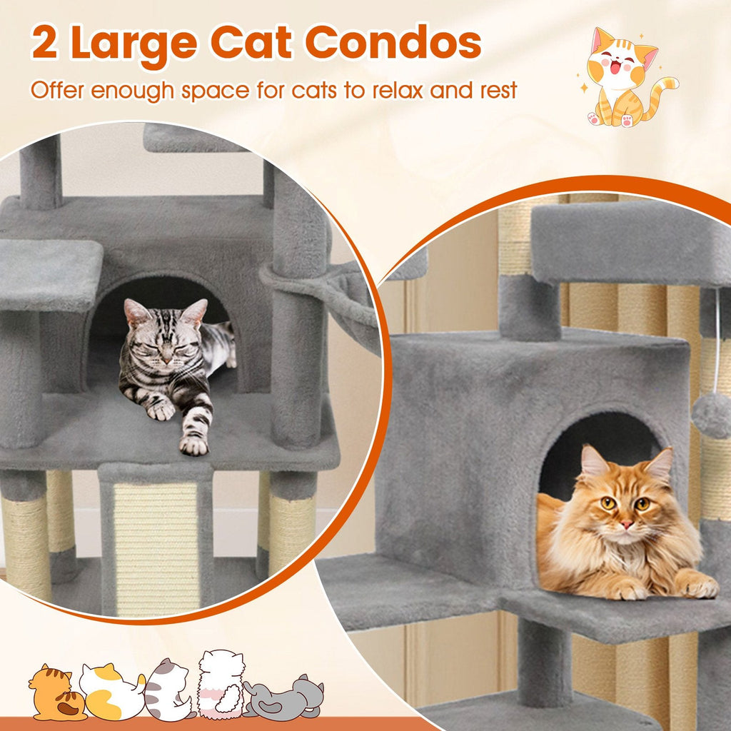 65 Inch Light Grey Cat Tree with Three Perches, Two Condos and a Sisal Ramp