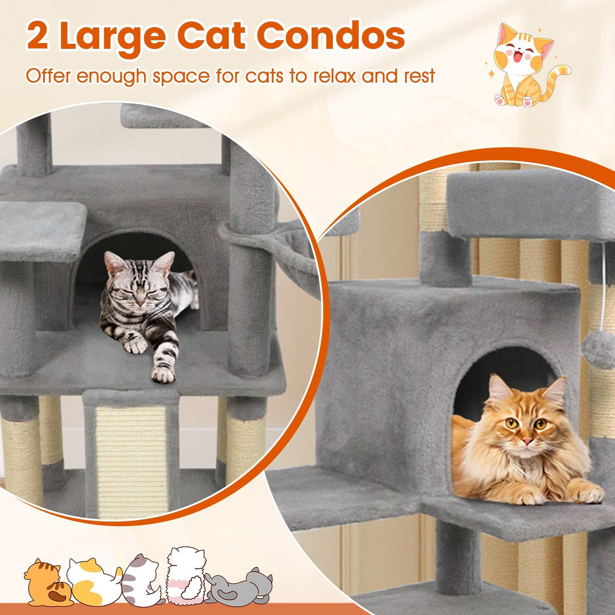 65 Inch Light Grey Cat Tree with Three Perches, Two Condos and a Sisal Ramp