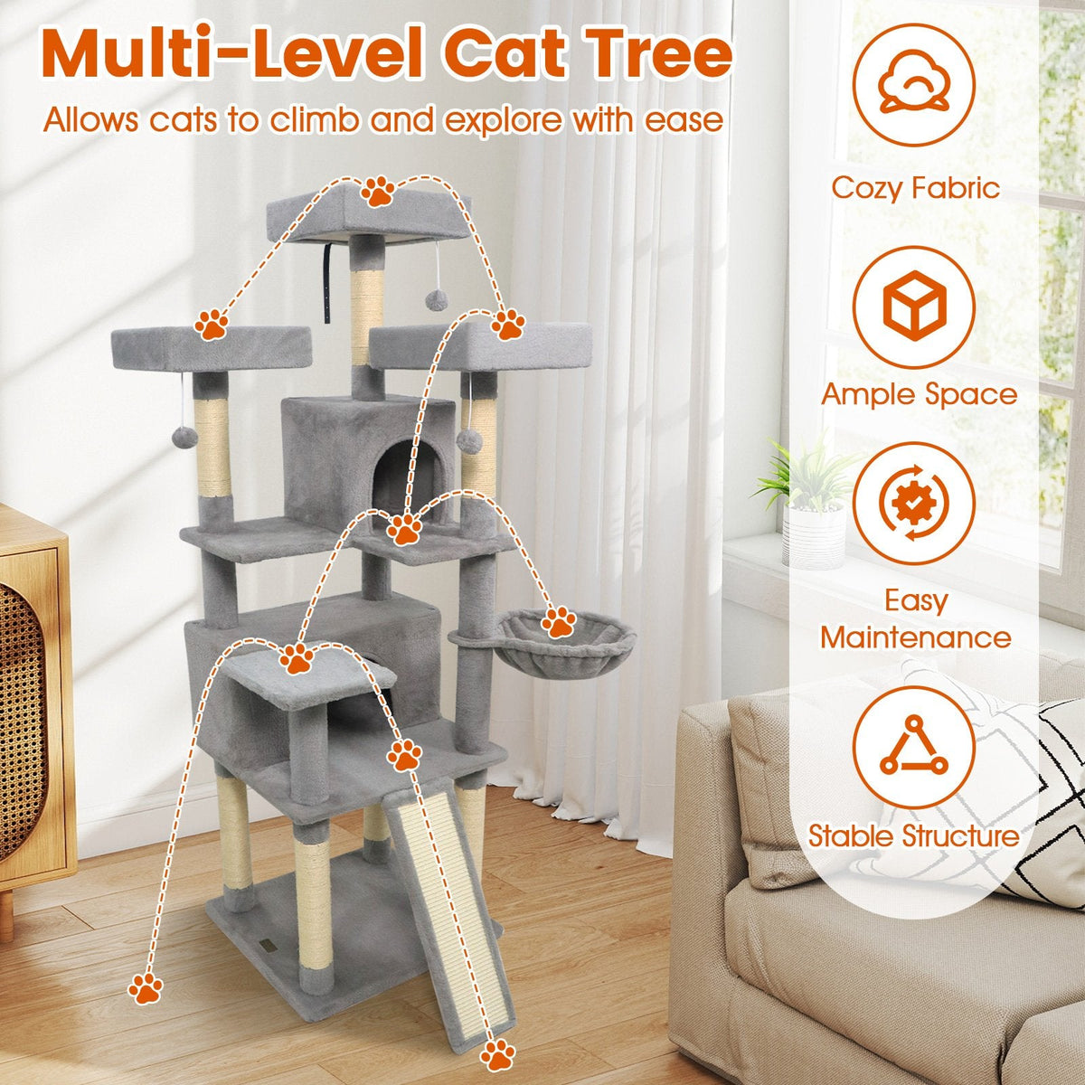 65 Inch Light Grey Cat Tree with Three Perches, Two Condos and a Sisal Ramp